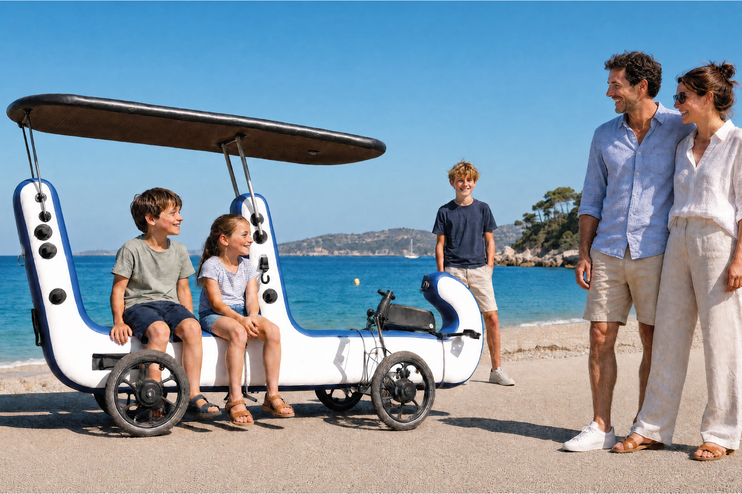 Famille avec enfants et La Fourmi déployée sur une plage, AirNAM